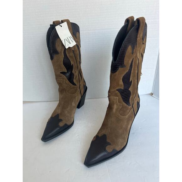 Zara Combined Split Suede Leather Cowgirl Pull On Pointed Toe Mid Calf Boot READ - Picture 1 of 10